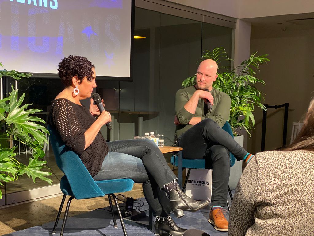 Yael Eisenstat and Paul Rieckhoff on stage at Betaworks