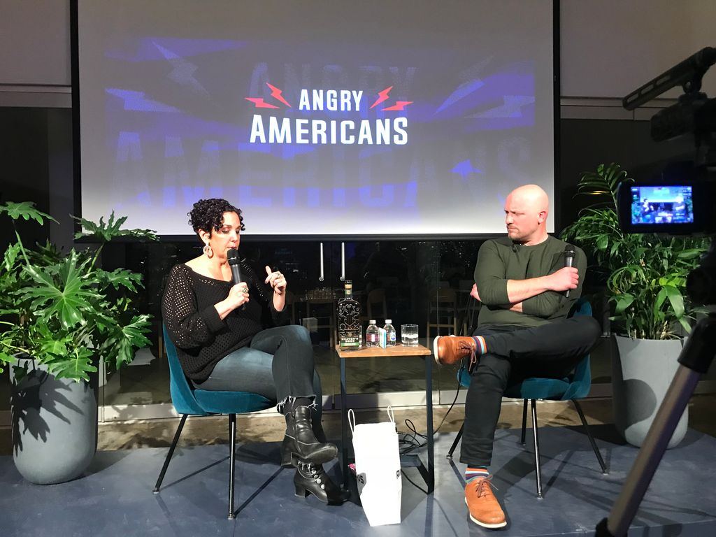 Yael Eisenstat makes a point on stage at Betaworks