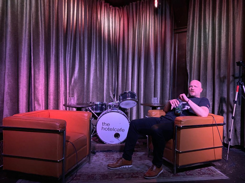Setting up on stage at Hotel Café before the Henry Rollins event