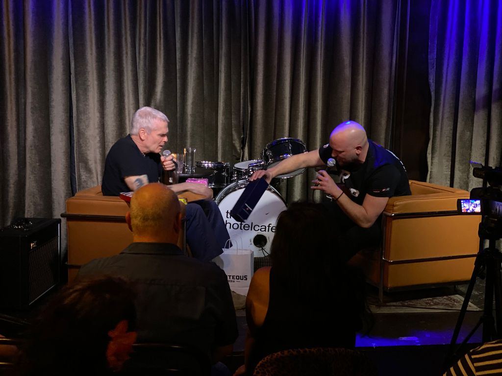 Paul Rieckhoff and Henry Rollins on stage at Hotel Café in Los Angeles